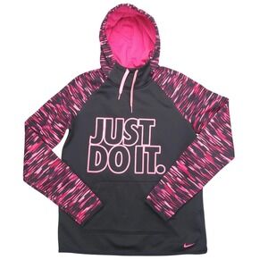 Nike Therma-Fit Hoodie Womens Small Black Pink Just Do It Pullover Fleece